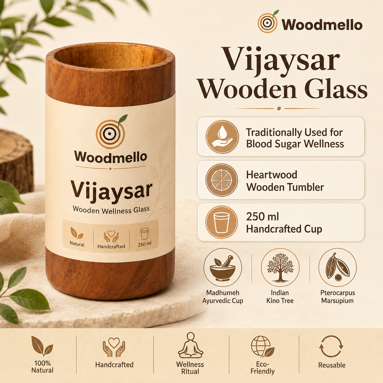 Woodmello Original Vijaysar Wood Glass – 250ml Ayurvedic Heartwood Tumbler