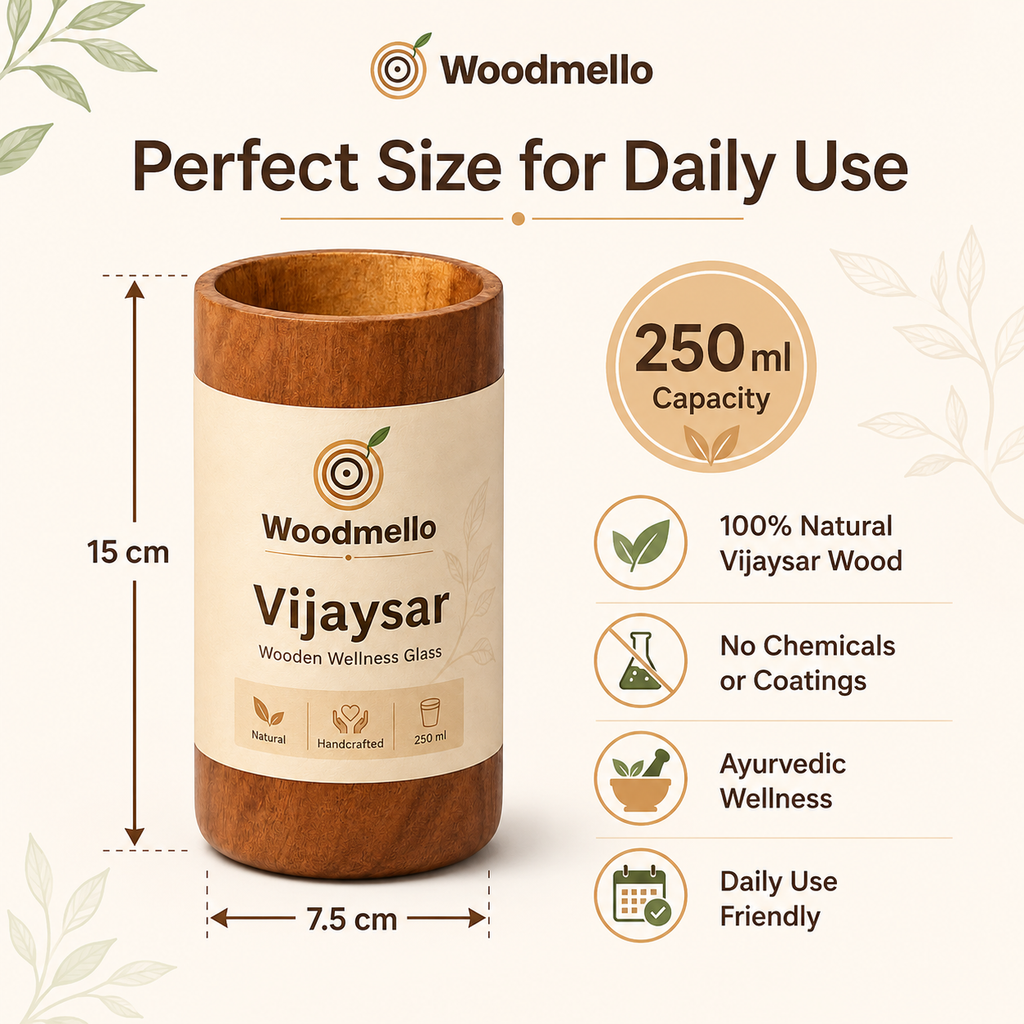 Woodmello Original Vijaysar Wood Glass – 250ml Ayurvedic Heartwood Tumbler