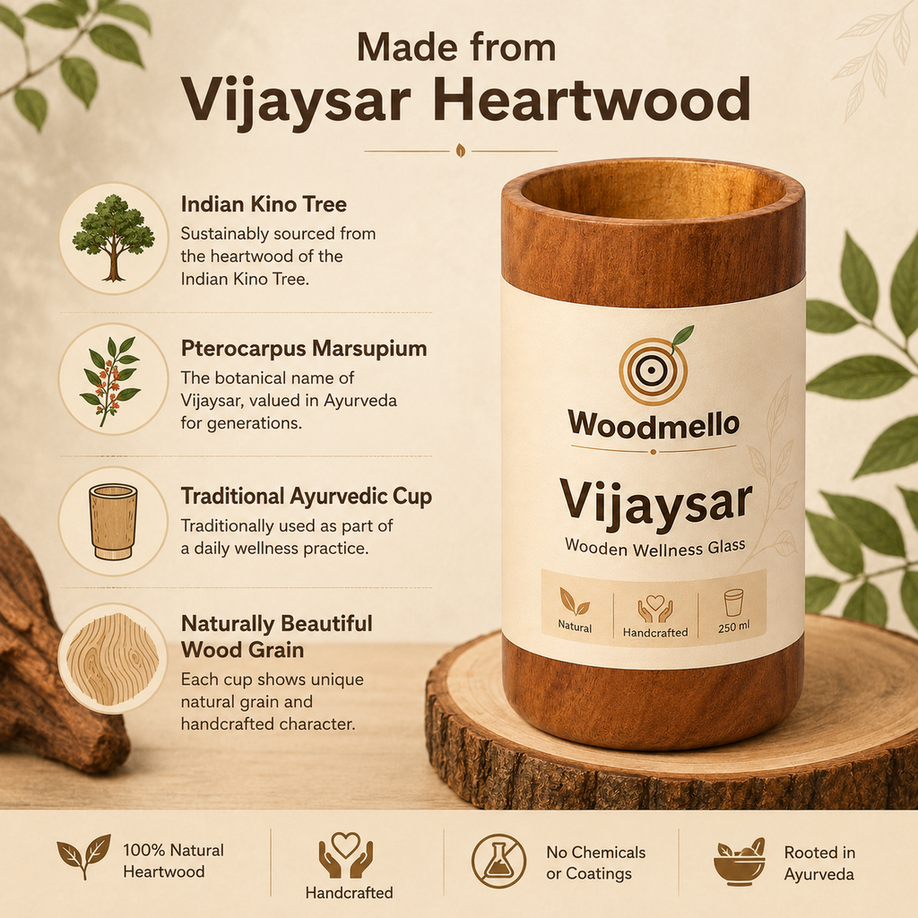 Woodmello Original Vijaysar Wood Glass – 250ml Ayurvedic Heartwood Tumbler